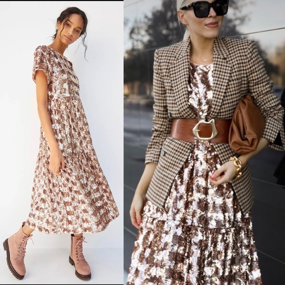 Maeve Dresses & Skirts - Maeve Anthropologie Rose Gold Copper Sequin Stripe Flowy Short Sleeve Midi Dress